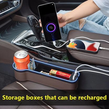 Organisateur de Fente de Siège avec Porte-Gobelet LED – Boîte de Rangement avec Changement de Couleur, Double USB et Lumière d’Ambiance