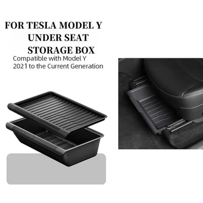 Under Seat Storage Tray for Tesla Model Y 2021 2022 2023 2024, Car Front Seat Hidden Drawer Bins Non Slip with Lid Cover