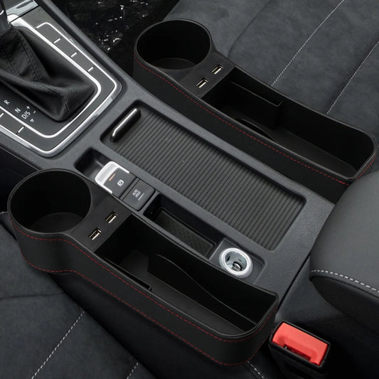 Car Organizer Seat Gap Slit Box Dual USB Charger Leather Car Seat Gap Storage Box Car Accessories Phone Bottle Cups Holder Box