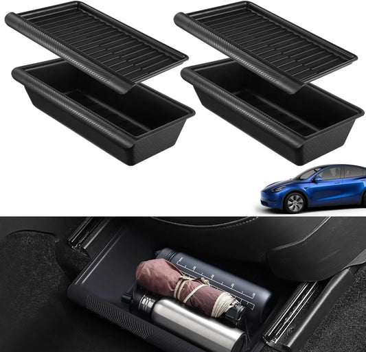 Under Seat Storage Tray for Tesla Model Y 2021 2022 2023 2024, Car Front Seat Hidden Drawer Bins Non Slip with Lid Cover