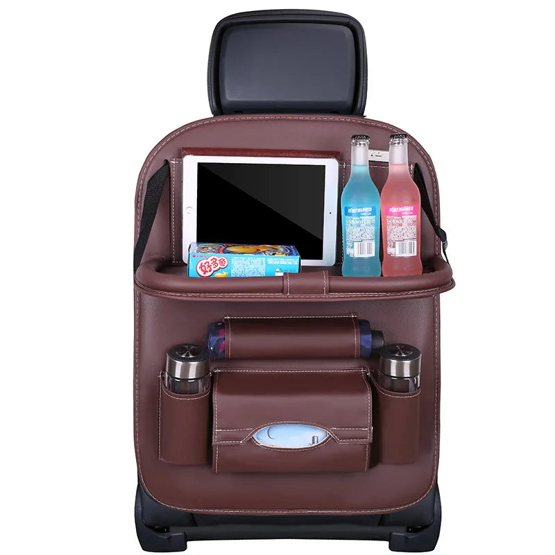 🏷️Organisateur de Siège Arrière Deluxe – Table Pliante, Tapis Anti-Coup, Boîte à Mouchoirs et Plus – Cuir PU