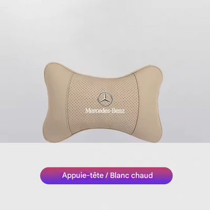 🏷️1 Coussin Repose-Tête Voiture avec Logo – Compatible Mercedes-Benz AMG & Smart – Cuir + Mousse mémoire – 28x18cm