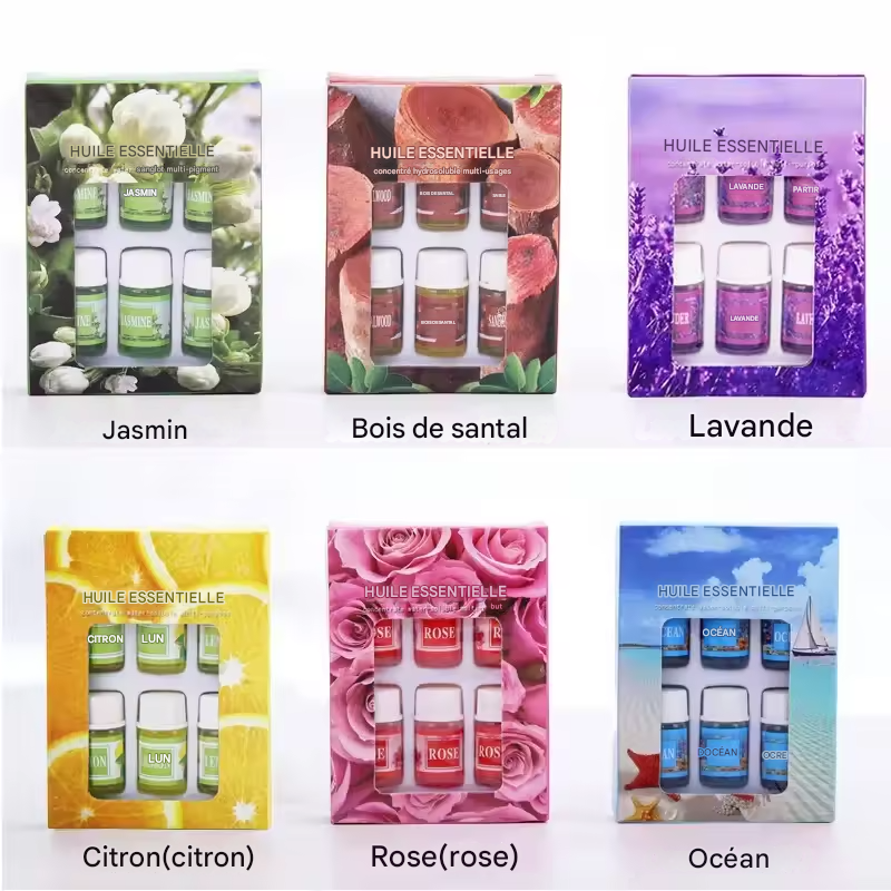 Coffret 6 Huiles Essentielles – Parfums Solubles dans l’Eau – Pour Diffuseur, Humidificateur, Parfum Voiture ou Recharge Désodorisant