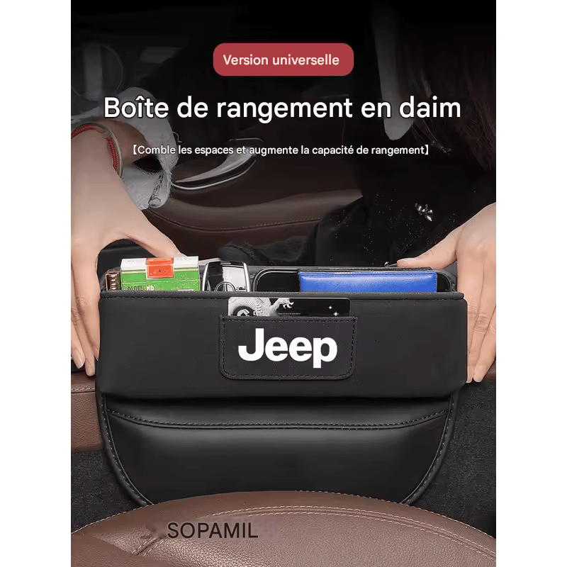 Organisateur Multifonction en Suédine pour Fente de Siège – Compatible Jeep Wrangler, Grand Cherokee, Renegade, Compass, Gladiator, Patriot, Commander
