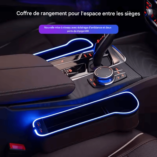 🏷️Organiseur de Siège Auto 2 en 1 avec 2 Chargeurs USB et Éclairage d’Ambiance Coloré – Rangement en Cuir Synthétique pour Téléphone et Accessoires