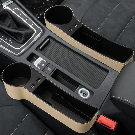 Boîte de rangement en cuir avec chargeur USB – pour fente de siège, téléphone, bouteilles et gobelets