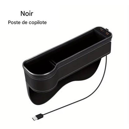 🏷️Organisateur de Fente de Siège avec Porte-Gobelet LED – Boîte de Rangement avec Changement de Couleur, Double USB et Lumière d’Ambiance
