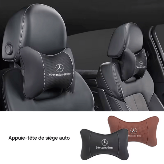 🏷️1 Coussin Repose-Tête Voiture avec Logo – Compatible Mercedes-Benz AMG & Smart – Cuir + Mousse mémoire – 28x18cm