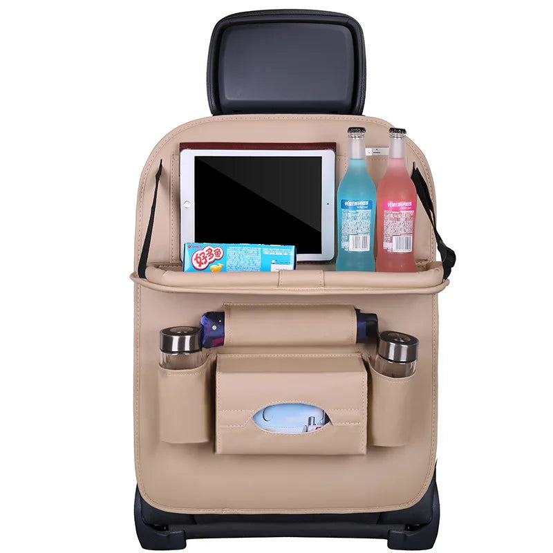 🏷️Organisateur de Siège Arrière Deluxe – Table Pliante, Tapis Anti-Coup, Boîte à Mouchoirs et Plus – Cuir PU