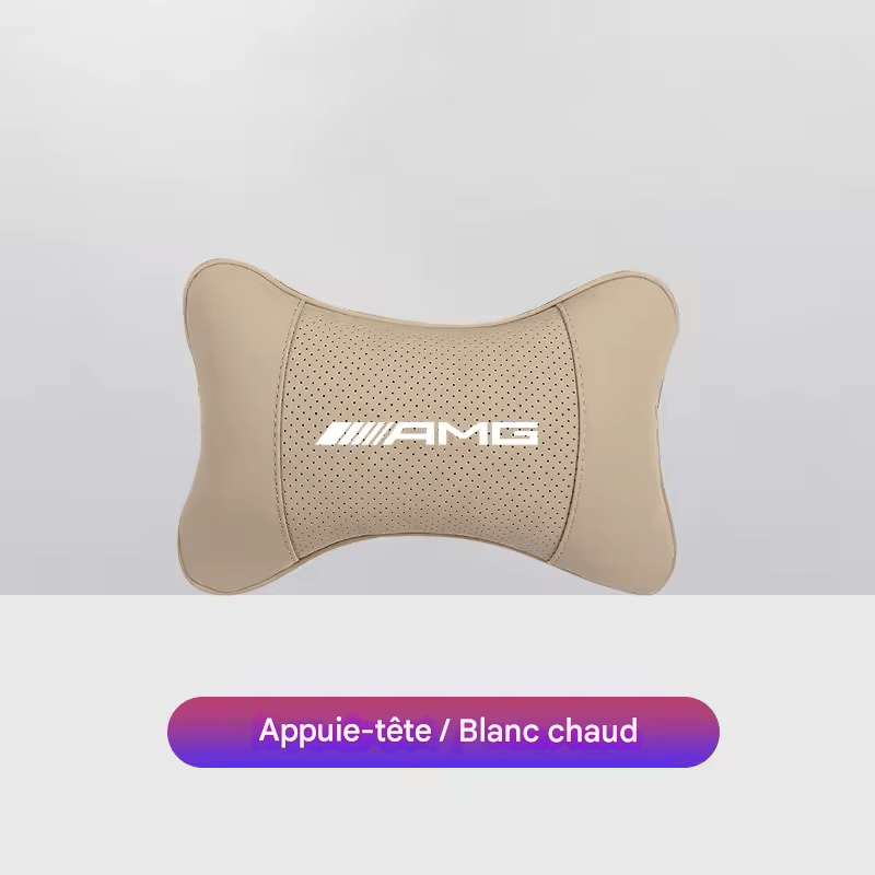 🏷️1 Coussin Repose-Tête Voiture avec Logo – Compatible Mercedes-Benz AMG & Smart – Cuir + Mousse mémoire – 28x18cm
