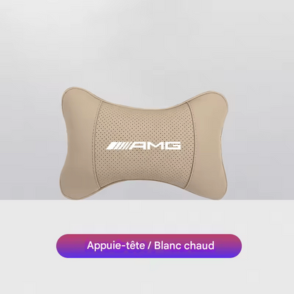 🏷️1 Coussin Repose-Tête Voiture avec Logo – Compatible Mercedes-Benz AMG & Smart – Cuir + Mousse mémoire – 28x18cm