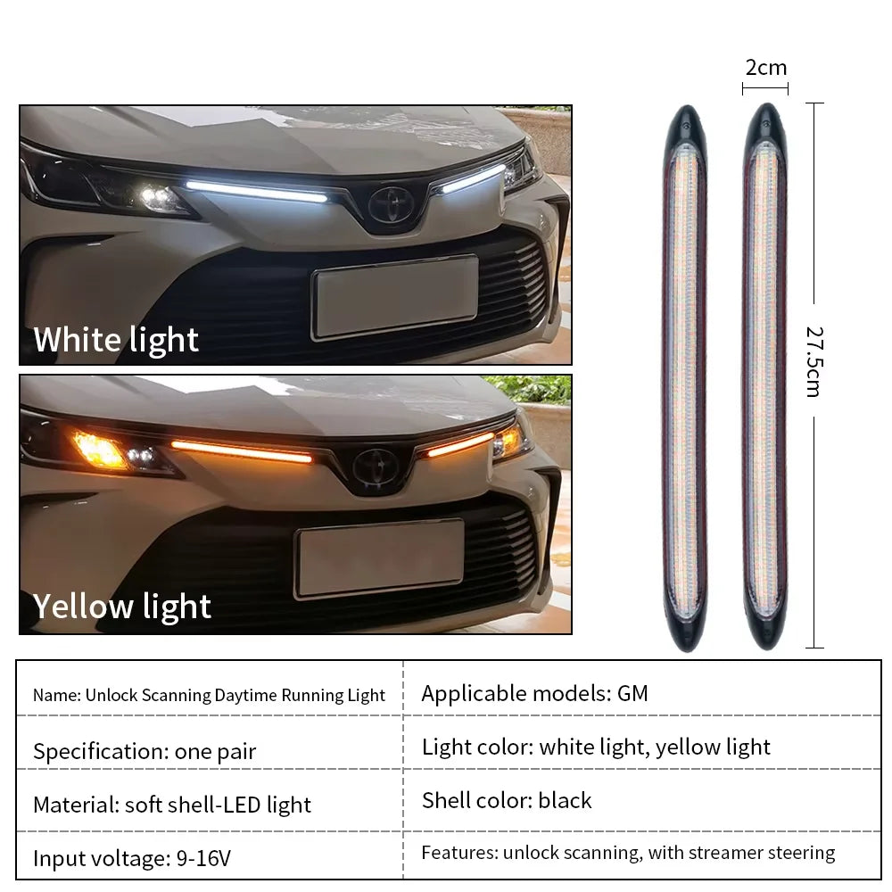 🏷️2× Bandes LED DRL Flexibles pour Voiture – Blanc & Jaune Clignotant | Étanche 12V | 15 à 34,5 cm