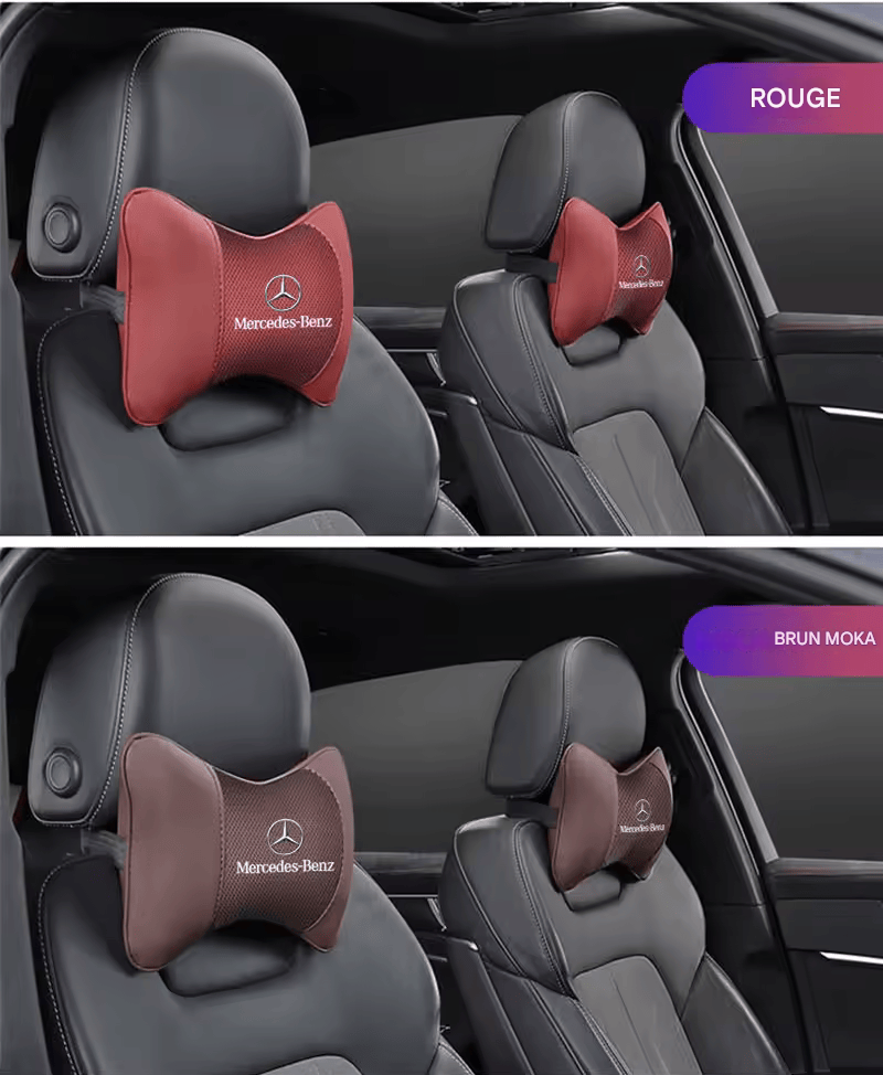 🏷️1 Coussin Repose-Tête Voiture avec Logo – Compatible Mercedes-Benz AMG & Smart – Cuir + Mousse mémoire – 28x18cm