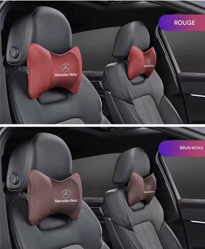 🏷️1 Coussin Repose-Tête Voiture avec Logo – Compatible Mercedes-Benz AMG & Smart – Cuir + Mousse mémoire – 28x18cm